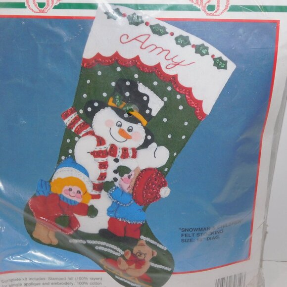 VTG 1990 Bucilla Christmas Snowman & Children 18" Felt Stocking Kit NEW 82610 - Picture 2 of 7